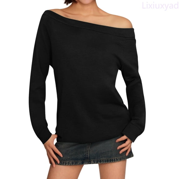 Lixiuxyad Womens Off The Shoulder Tops Summer Casual Long Sleeve T Shirts Blouse Womens Summer T Shirts,Black L