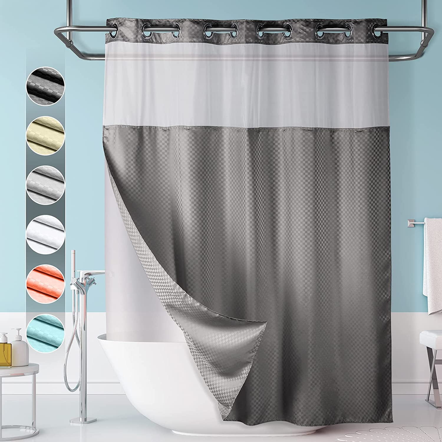 71x 74 Bathroom Curtain with Removable Polyester Liner Lagute SnapHook Shower Curtain w/Snap-in Liner | Translucent See-Through Window and Anti-Mold Waffle Fabric Bathtub Curtain 