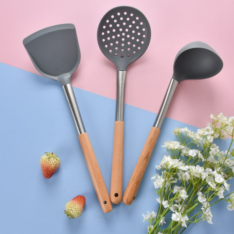 Hadanceo Cooking Spatula Food Grade Non-stick Wooden Handle Silica Gel  Turner Spatula Shovel Cooking Kitchen Utensils for Home 