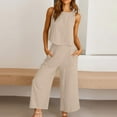 thumbnail image 2 of Yeaiivve Womens 2 Piece Summer Linen Outfits Comfy Capris Sets Sleeveless Cropped Tank Top Elastic High Waisted Capri Pants with Pockets Beige,S, 2 of 7