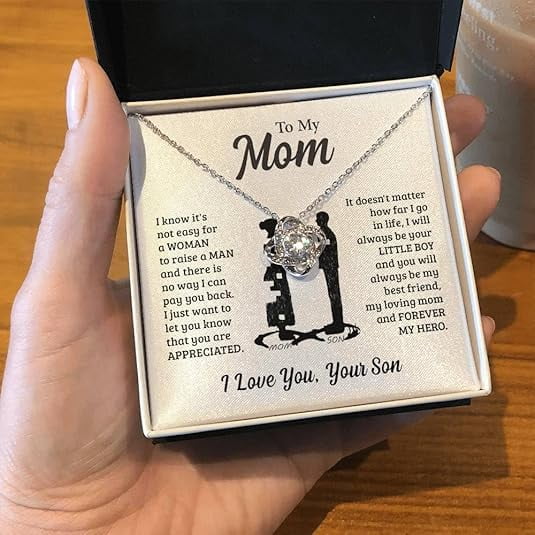 Birthday Gift For Mom With Heartfelt Message Card & Elegant Gift Box, Mother's Day Gift For Mom From Son, Love Knot Necklace For Mother, Zircon Jewelry for Women