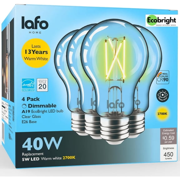 LafoHome EcoBright A19 LED Filament Bulb, 40W Equivalent, 2700K Warm White, Dimmable, 4-Pack