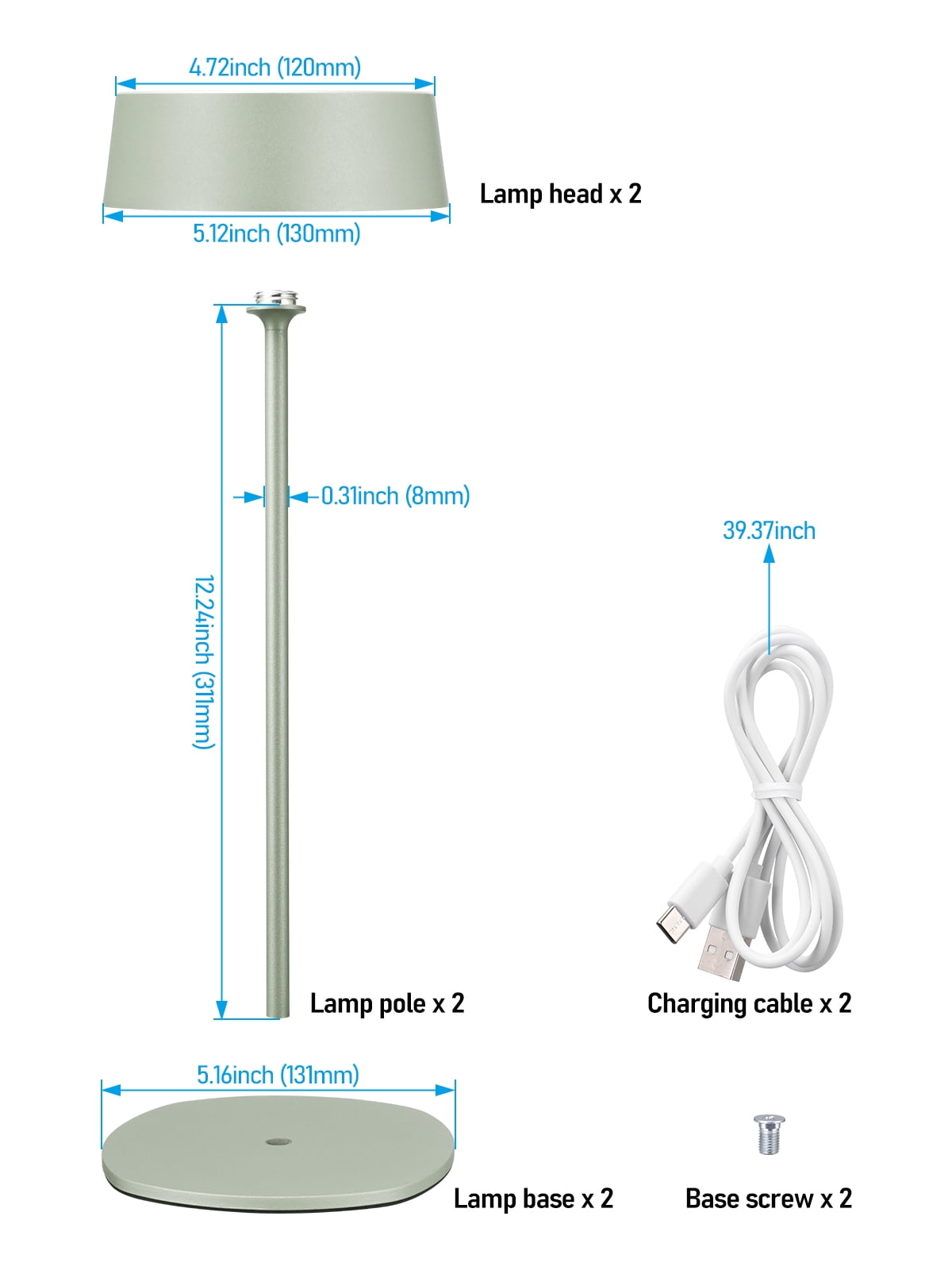 2 Pack Cordless LED Table Lamp, Aluminum Portable Rechargeable Desk Lamp, Dimmable Touch Lamps for Bedroom Living Room Restaurant Patio, Green