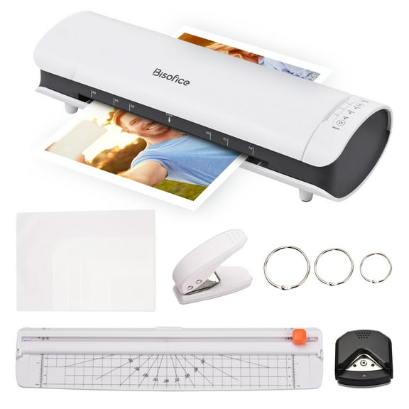 Bisofice SL988 Desktop Laminator Machine Set A4 Size 6IN1 Multifunctional Hot and Cold Lamination 2 Roller System 9 inches Max Width with Paper Trimmer Rounder Hole Puncher Binding Hoop Sui