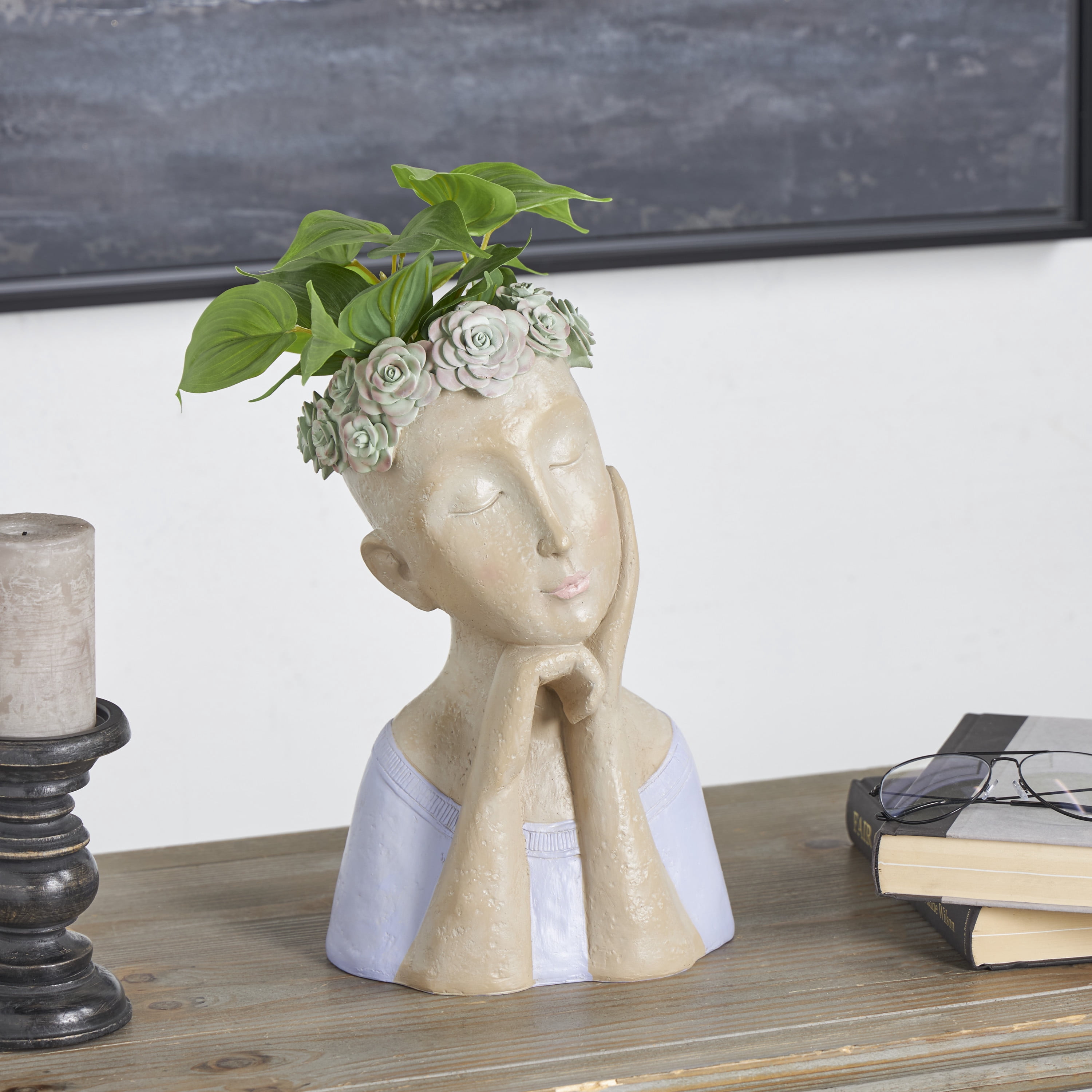 DecMode 9" x 14" Bust Beige Resin Woman Planter with Flower Crown and Blue Top