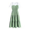 thumbnail image 5 of Fartey Women's Fashion Fake Two Pieces Dress Casual Summer Short Sleeve Crewneck Knee Length Dresses Lightweight Spaghetti Strap Tiered Slip Dress Holiday Sundress Green XXL, 5 of 9