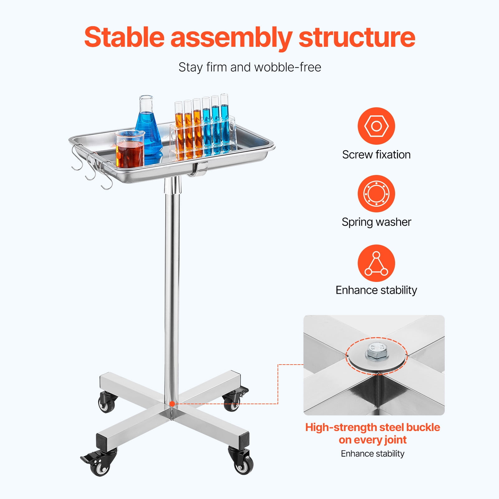 KFFKFF Mayo Stand, Crafted from Stainless Steel, Can Bear Weight up to 35 lbs, Height Flexibility 25.2"-39.8", Mobile Medical Tray with Detachable Tray, Ideal for Spa, Salon, Clinic