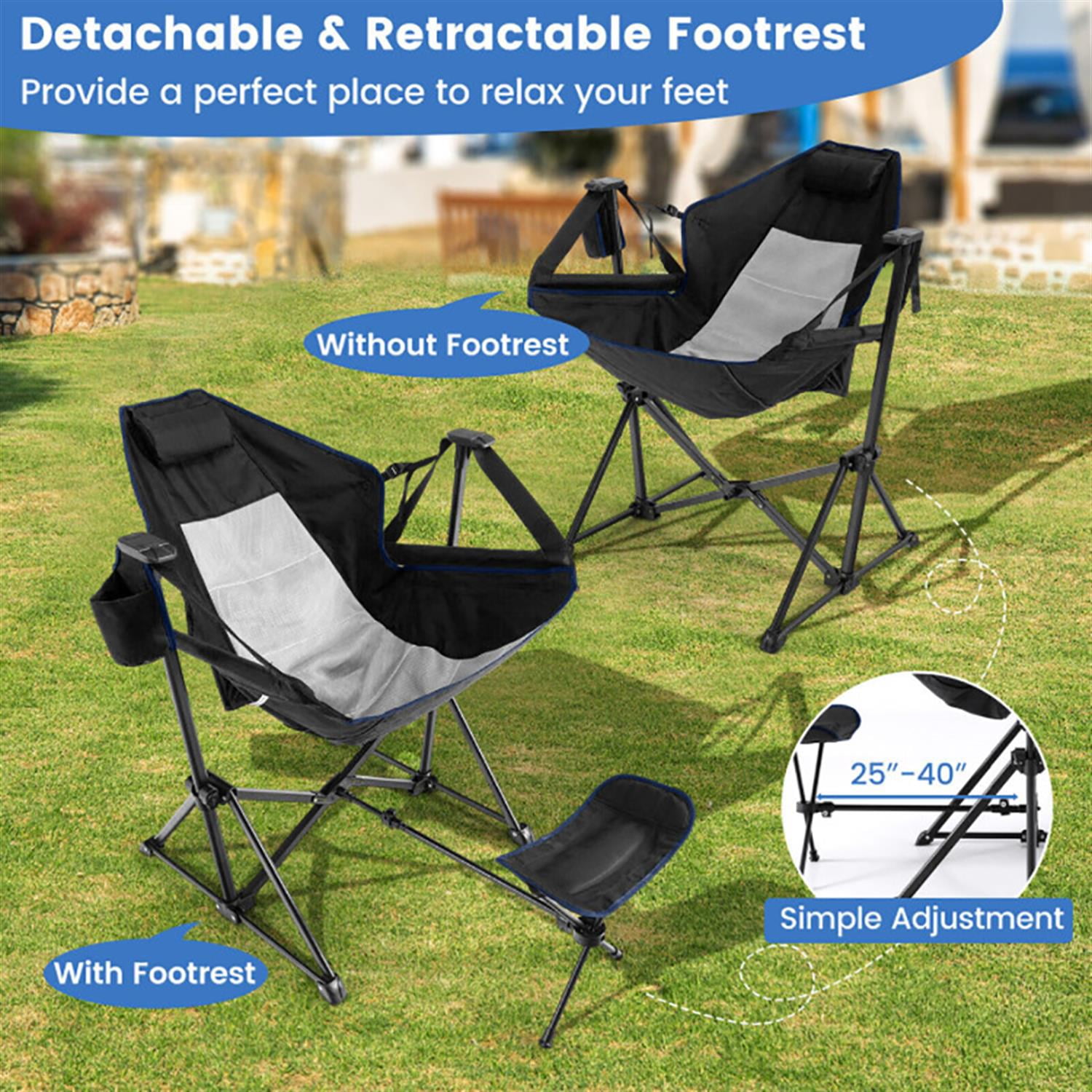Spaco Portable Camping Hammock Chair with Retractable Footrest and Carrying Bag, Outdoor Folding Patio Chair, Black
