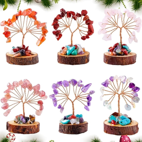 12 Mini Crystal Tree Set Feng Shui Gemstones for Energy Healing, Natural Crystal Wealth Life Money Bonsai Tree Set, Christmas Decorations Good Luck Gift Office Decor(6pcs)