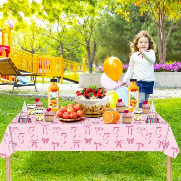 PEONAVET Pink Bow Tablecloth Cute Rectangle Bowknot Table Cover for Women Large Size Disposable Bowknot Themed Table Colth for Birthdy Party Decorations