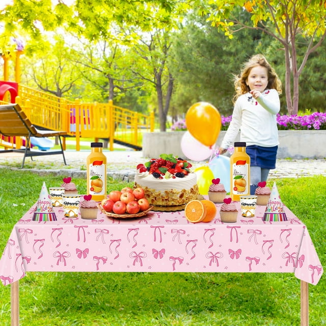 Mantel Desechable con Lazo para Fiesta de Cumpleaños de Niña, 137 X 274 Cm | Decoración de Plástico Impermeable y Antiarrugas | Artículos Portátiles para Fiestas, Eventos Infantiles, Cumpleaños y Cel