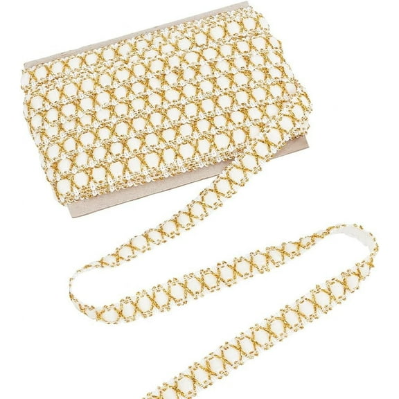 11 Yards White Gold Metallic Lace Trim Suede Gimp Braid Trim Ribbon 0.5inch Metallic Edge Trim Decorative Woven Gimp Fringe Trim for Curtain Lampshades Sewing Bag Costume DIY Crafts White