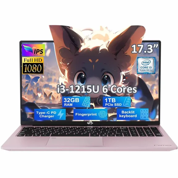 17.3" IPS FHD-Laptop, Intel 6 Cores I3-1215U 32GB RAM 1TB SSD (Beat R5 7520U, Up to 4.4GHz) Student-Computer with 65W Type C Backlit Keyboard Fingerprint, for Home and Business