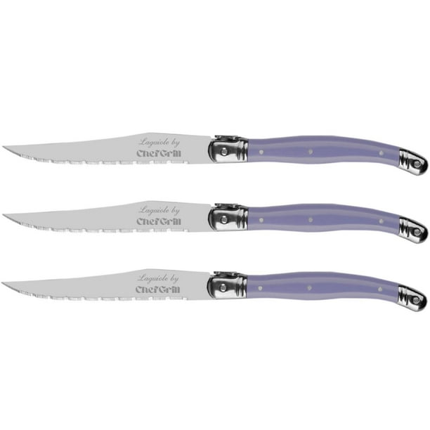 Cuchillos con Mango Ergonómico LaguiolePurple 3 pzas 23 cm Morado Acero Inoxidable Cuchillo para carne.