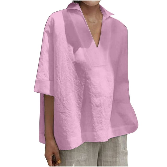 Bigersell Chemises Mignonnes pour Femmes Été Mode Manches Raccourcies Col à Revers Col en V Coton Ligne Chemise Ample Blouse Tunique Régulière Col Rond Manches Courtes Jolis Hauts Décontractés Style B51145,m