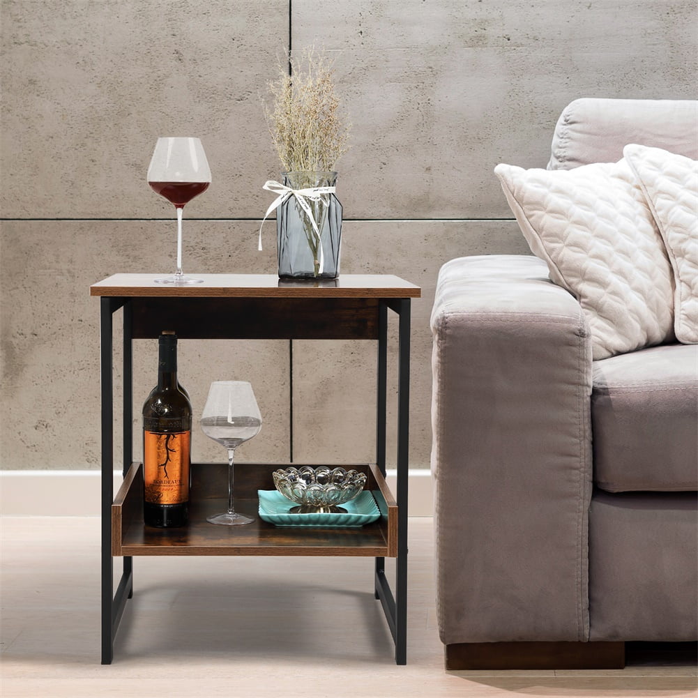 Industrial Home End Table, Night Stand Side Table with Storage Shelf for Bedroom, Living Room, Brown