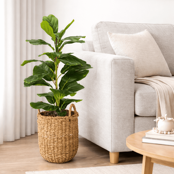 Artificial Plant, 2.5 ft Artificial Fig Plant in Handwoven Basket by LCG Florals, Faux Designer Fake Indoor Plant for Living Room, Office, and Home Décor