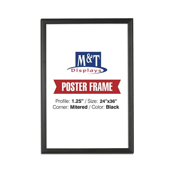 M&T Displays Snap Frame, 24X36 Poster Size, 1.25" Mitered Corner, Professional, Front Loading (Black)