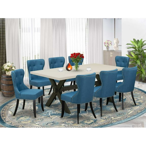 East West Furniture X627SI121-9 9-Pc Dining Room Table Set- 8 Parson Dining Chairs with Blue Linen Fabric Seat and Button Tufted Chair Back - Rectangular Table Top & Wooden Cross Legs - Linen...