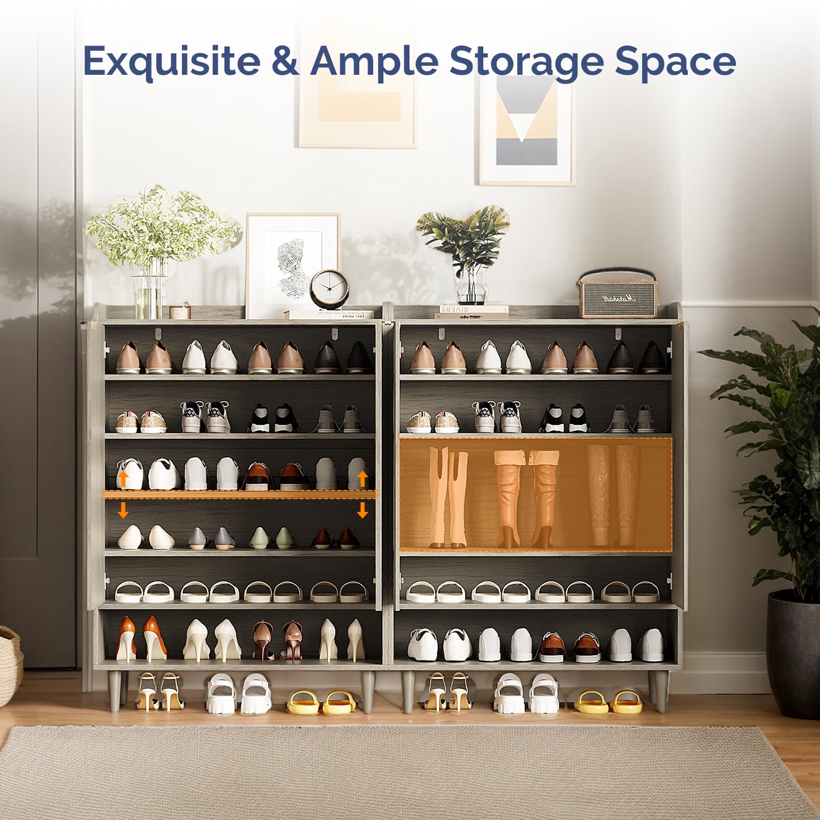 2 Cabinet Doors with Top Railing and 1 Row of Shelves for Shoe Cabinets Melamine Board + MDF Conical Leg Grille Shoe Cabinet, 31.61*14.17*41.97in, Grey Oak