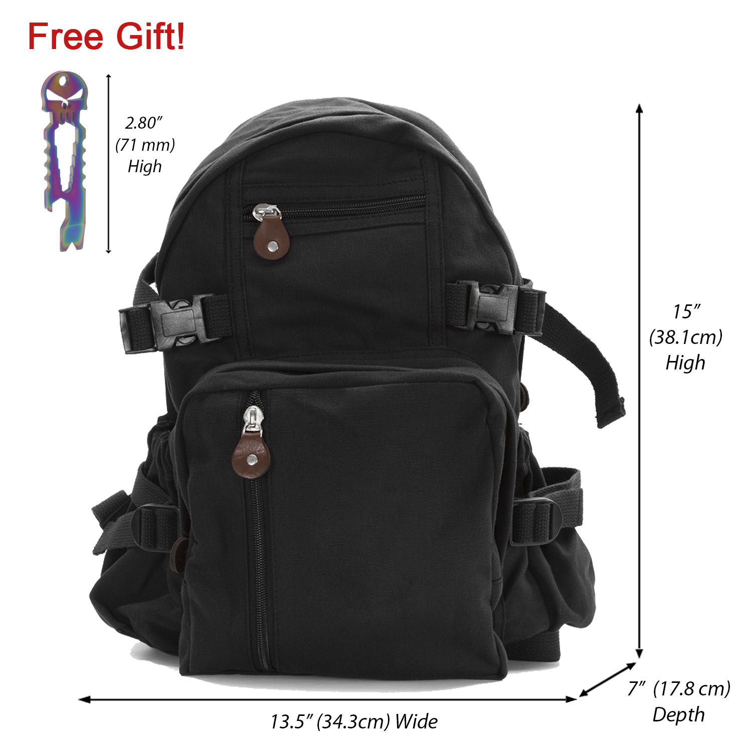 Heavyweight Canvas Backpack Bag, Black, Small with Rainbow FREE