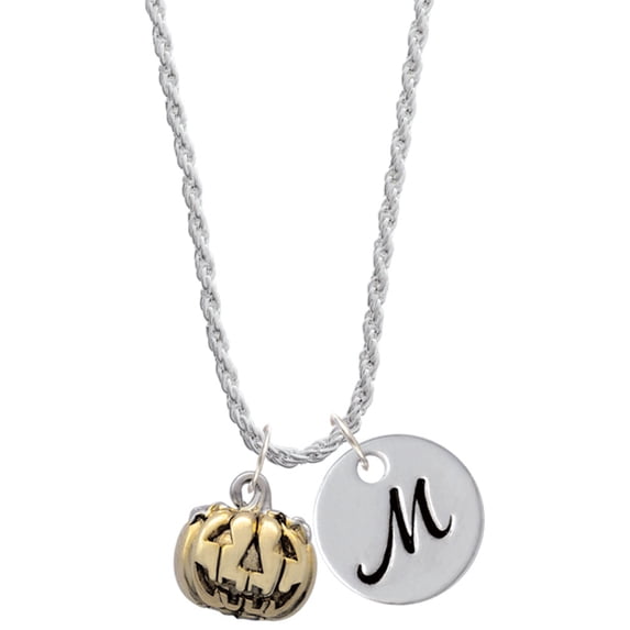 Delight Jewelry Goldtone 3-D Large Jack O' Lantern with Leaves Silvertone Script Initial Disc - M - Charm Necklace, 20"+3"