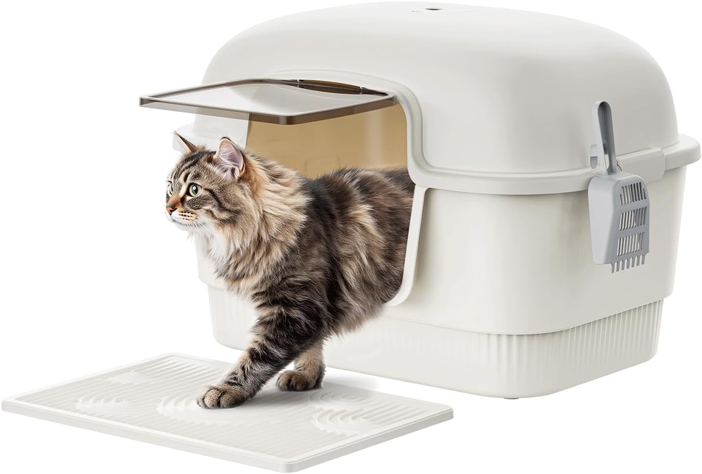 Litter Box with Litter Mat and Scoop,High Wall Enclosed  Litter Boxes for Anti-Leakage, Covered Kitty Litter Box with Handle and Buckles for Portability and , Odor Control (Brown)