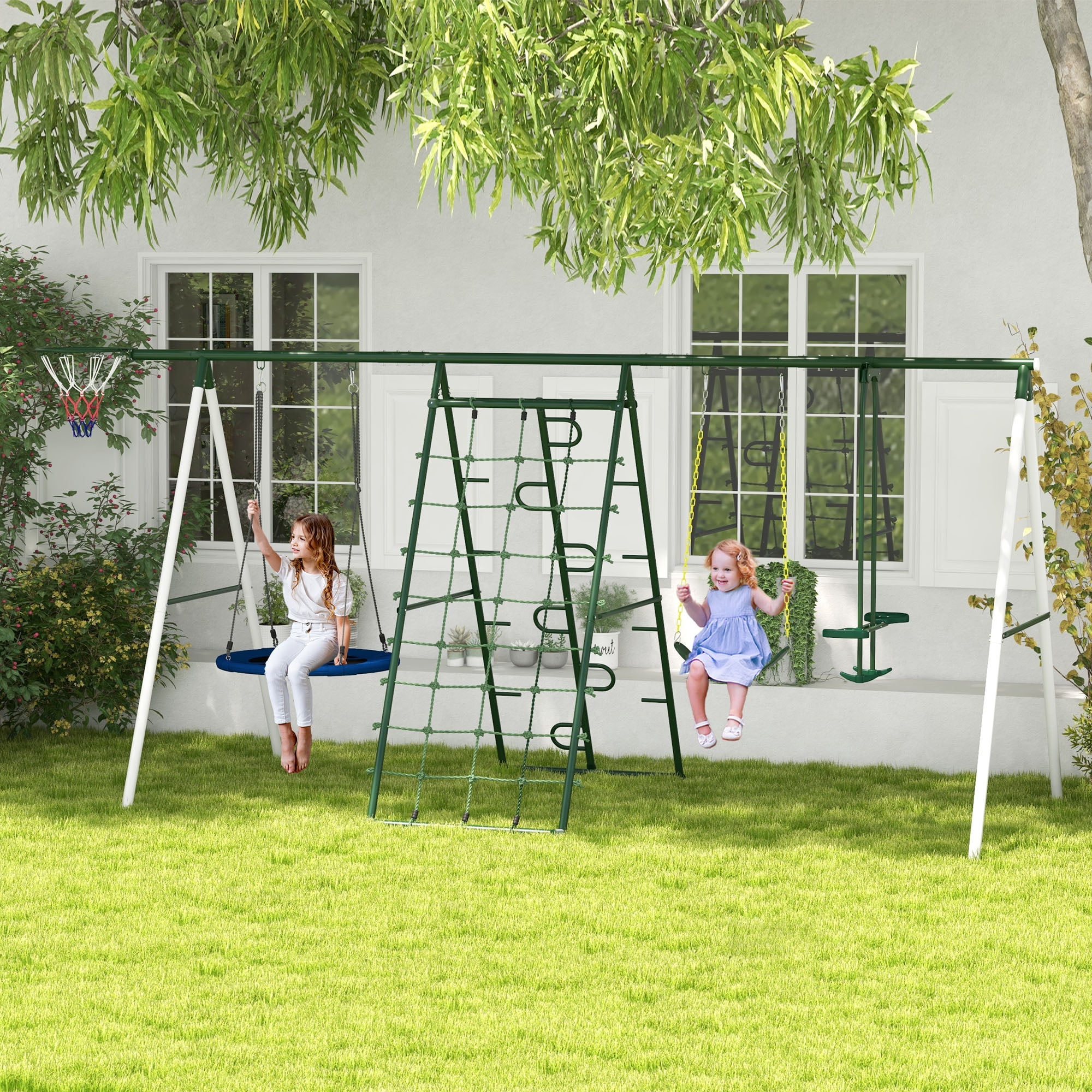 Aukfa 7 in 1 Kids Swing Set with Slide, Outdoor Heavy-Duty Metal Playset with Climbing for Backyard, Blue