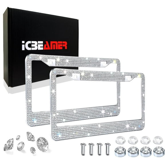 ICBEAMER Handcrafted Rhinestone White Crystal Diamond Premium Stainless Steel Weatherproof Bling Bling License Plate Frame great gift for Women [Pack of 2 pcs]
