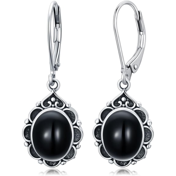 DVEATR Black Onyx Earrings 925 Sterling Silver Vintage Leverback Dangle Drop Earrings for Women