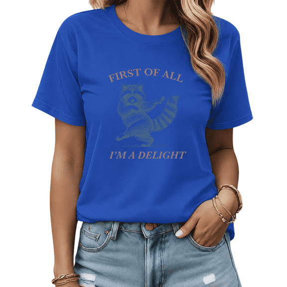 UNISHE Women First Of All Im A Delight Retro Raccoon Print Short Sleeve Blue Tops
