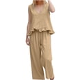 thumbnail image 4 of mihongmao 80s Outfit for Ladies Date Night Sets Women's Casual Summer Beach Loose Two Piece Outfit Sleeveless V Neck Ruffle Top Wide Leg Pants Set Khaki 2X, 4 of 9