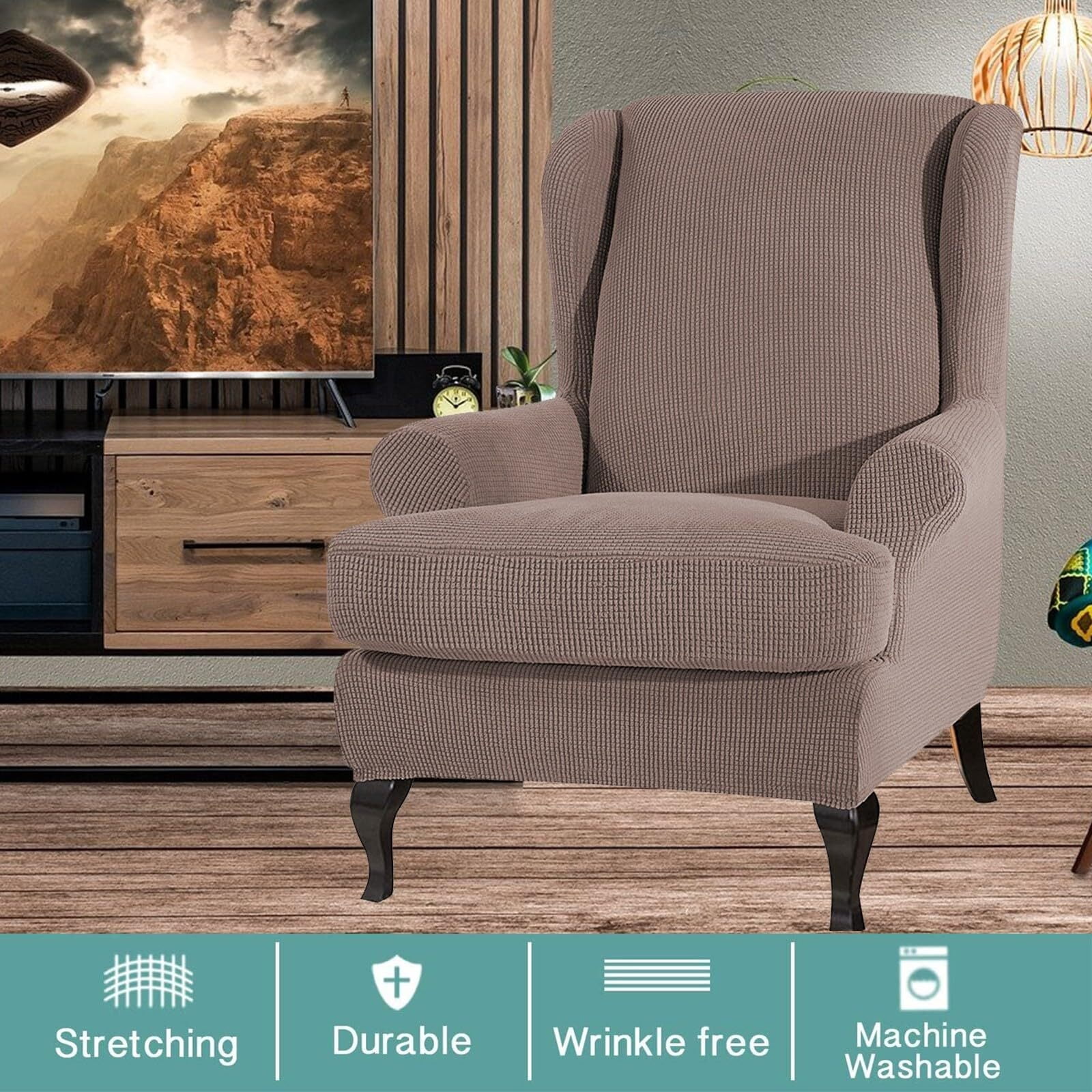 LKJYER Wing Chair Slipcover 2 Pieces Soft Wingback Chair Covers Wingback Chair Covers Spandex Jacquard Checked Pattern Sofa Cover for Living Room and Bedroom