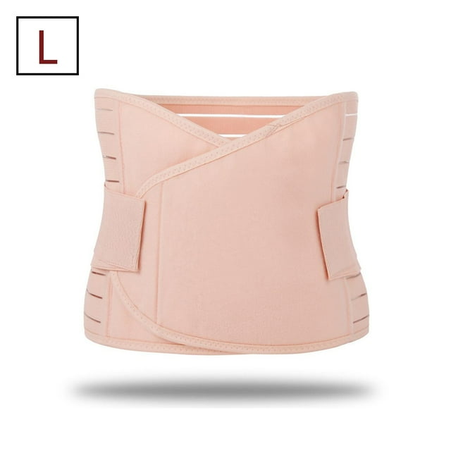 3 in 1 Postpartum Support Recovery Belt in skin tone, size L, made of breathable elastic polyester fabric with adjustable Velcro fasteners. Ideal for postpartum recovery, waist protection, body shaping, abdominal exercises, and slimming. Often referred to as a postpartum girdle or belly band.