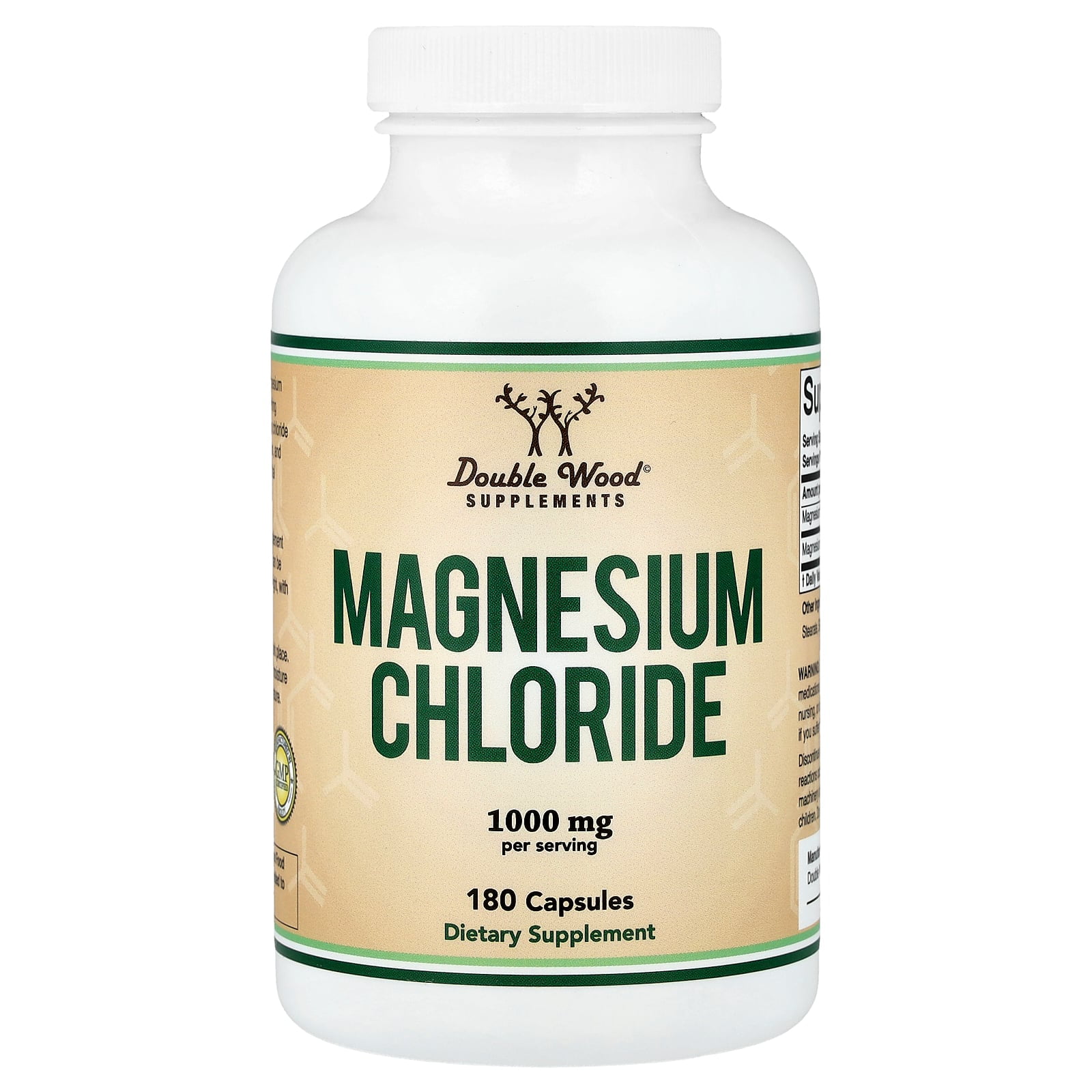 Magnesium Chloride (Cloruro De Magnesio) - 180 Capsules, 1,000mg Per Serving, for Sleep, Constipation, Digestion, Bone Health, and Relaxation - Made and Tested in The USA by Double Wood.