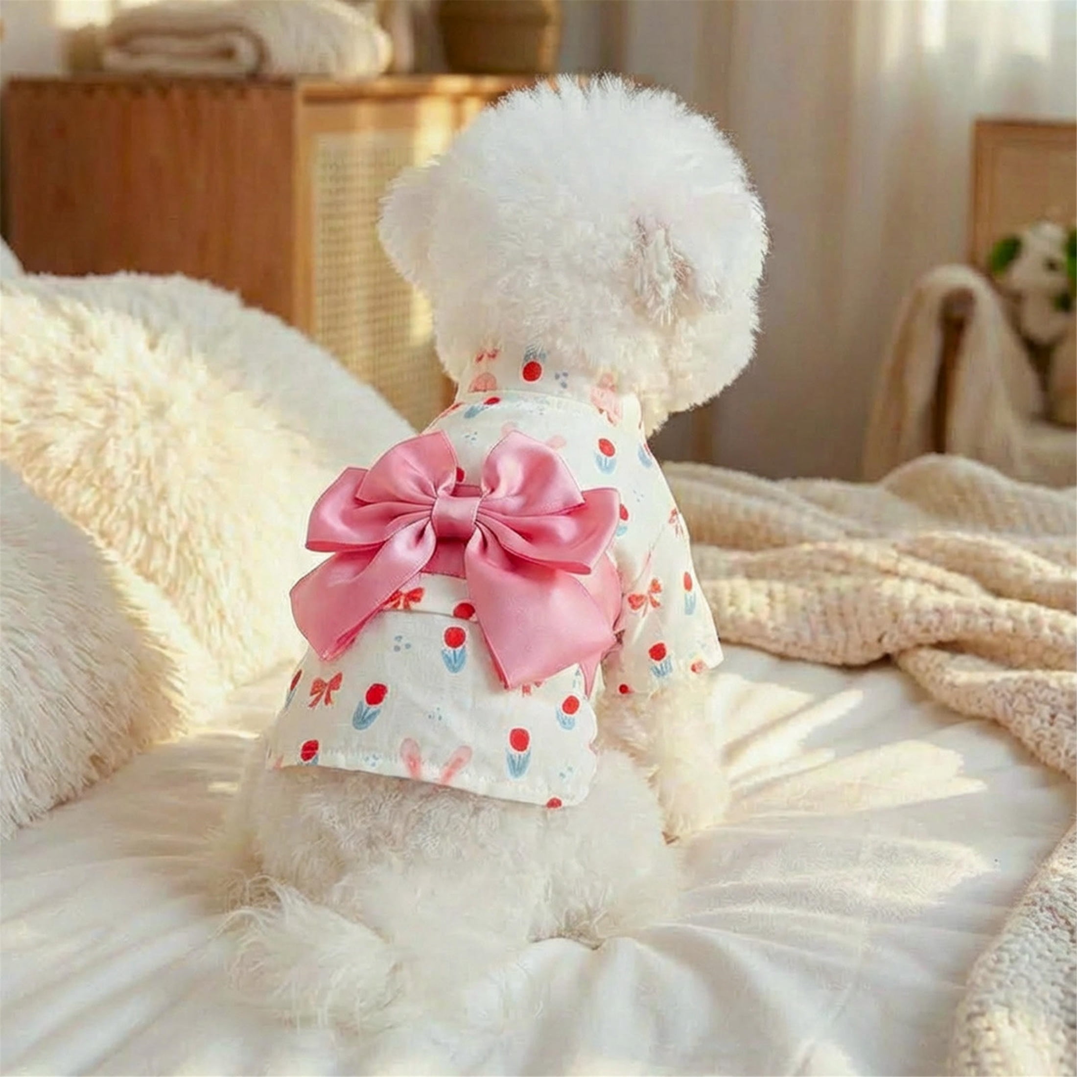 HQREA Premium Dog Shirt Girl Lightweight Puppy T-Shirt with Bow Tie Summer Bunny Printed Pet Easter Holiday Outfits Chihuahua Yorkie Clothes for Small Dogs