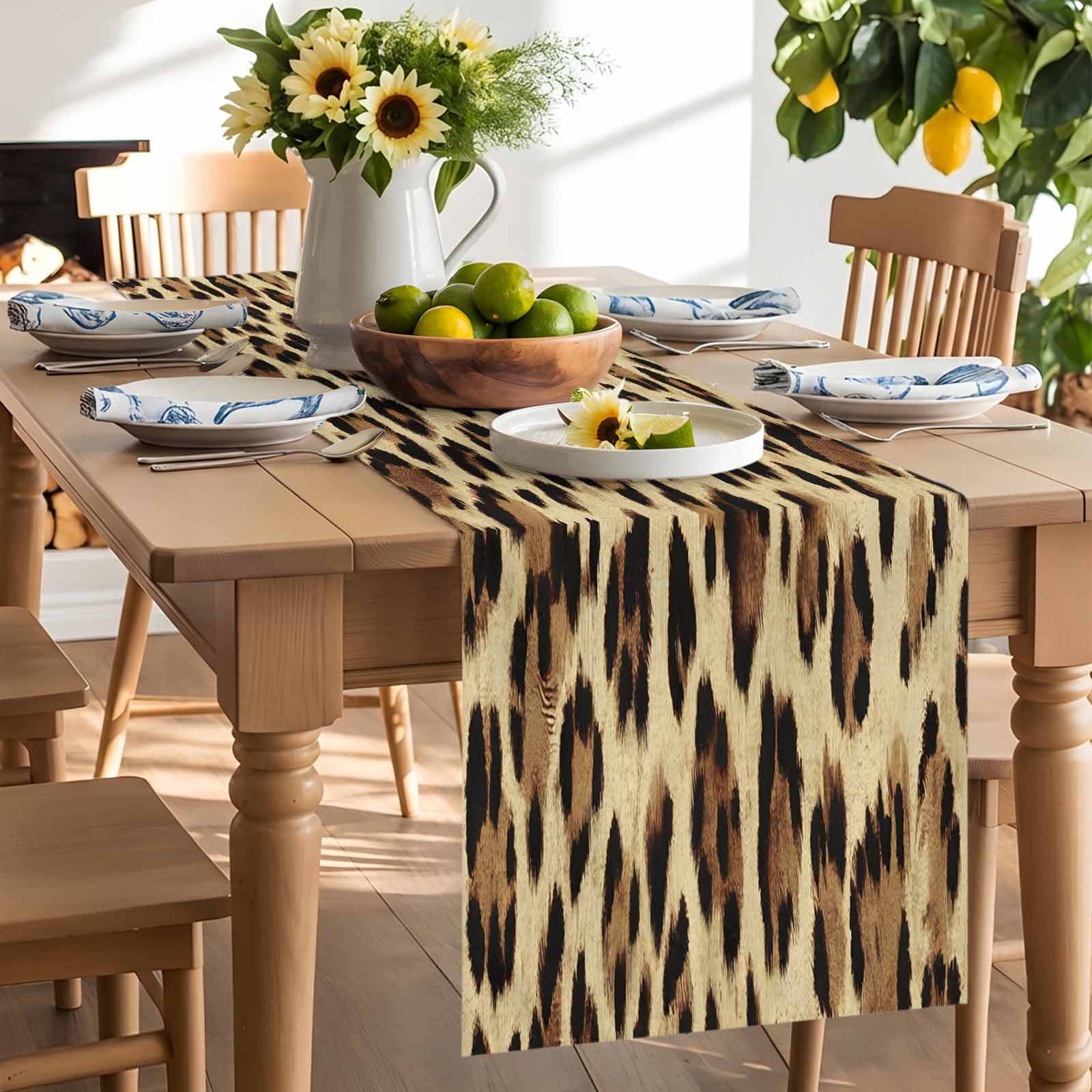 Abstract Leopard Print Table Runner 90 Inches Long, Brown Animal Spots Table Runners Tabletop Scarf Kitchen Dining Tables Decoration for Home Party Indoor Outdoor