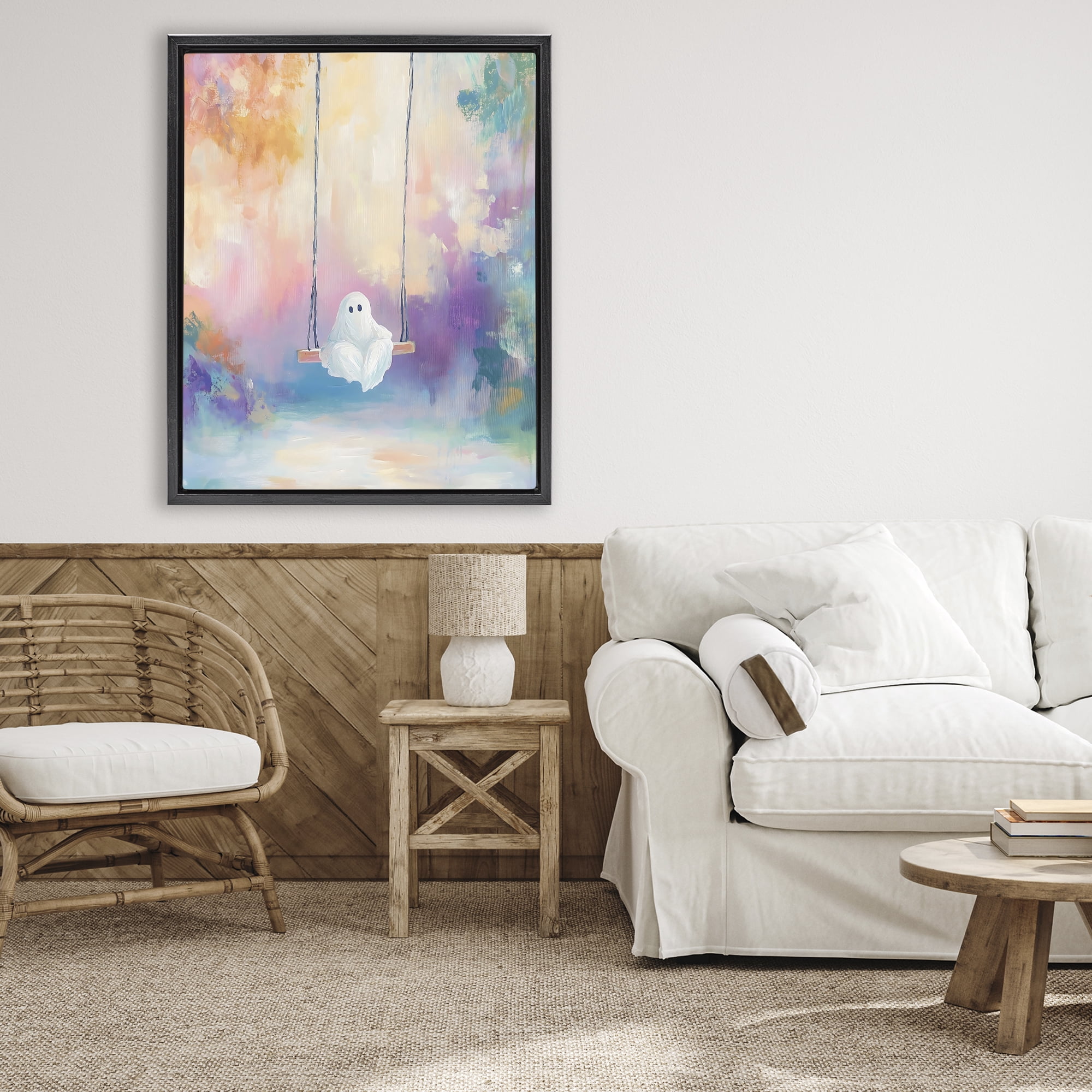 Stupell Industries Watercolor Ghost on Swing Black Framed Floater Canvas Wall Art, design by The Prints Vibe