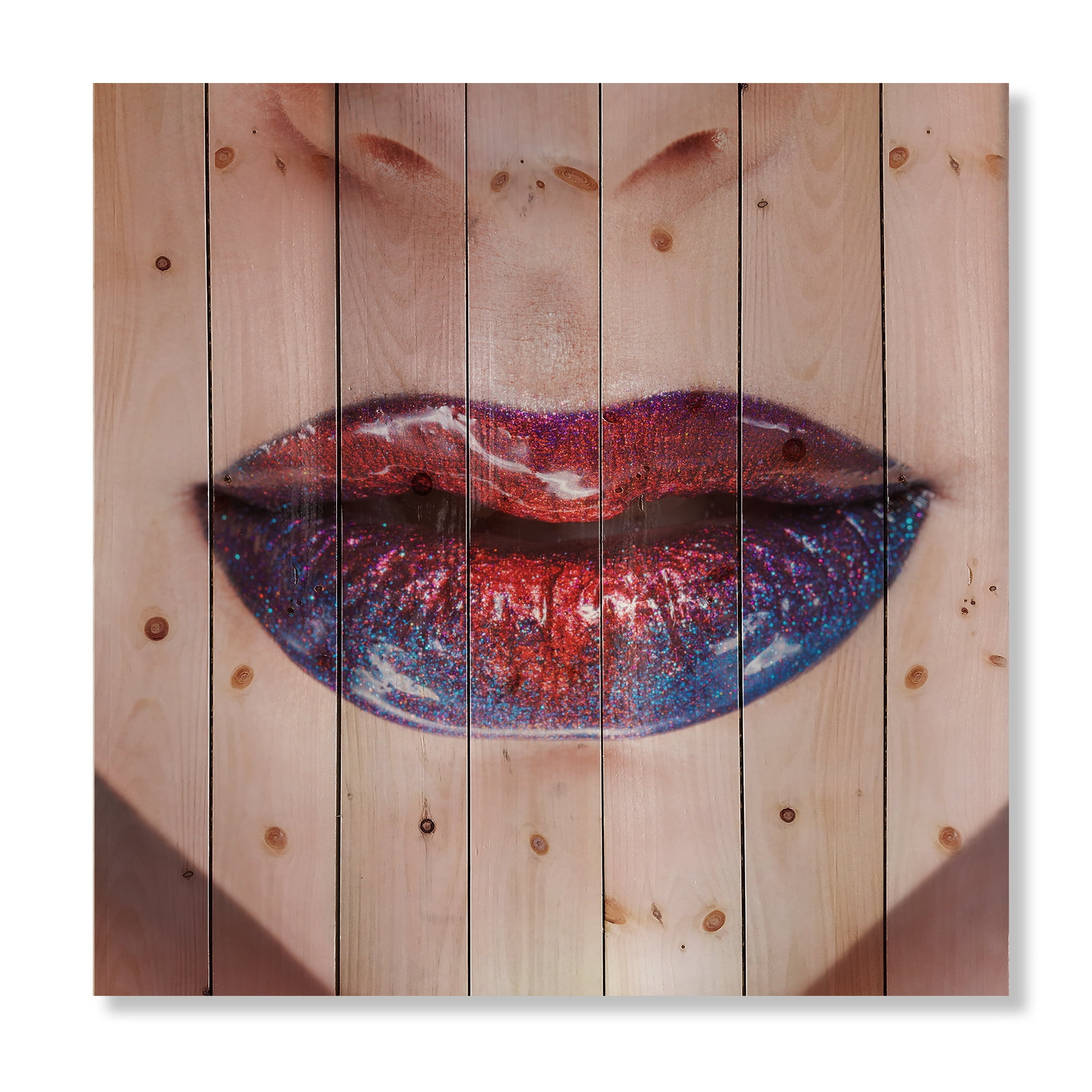 Designart 'Beautiful Women Lips With Red and Blue Lipstick' Modern Print on Natural Pine Wood