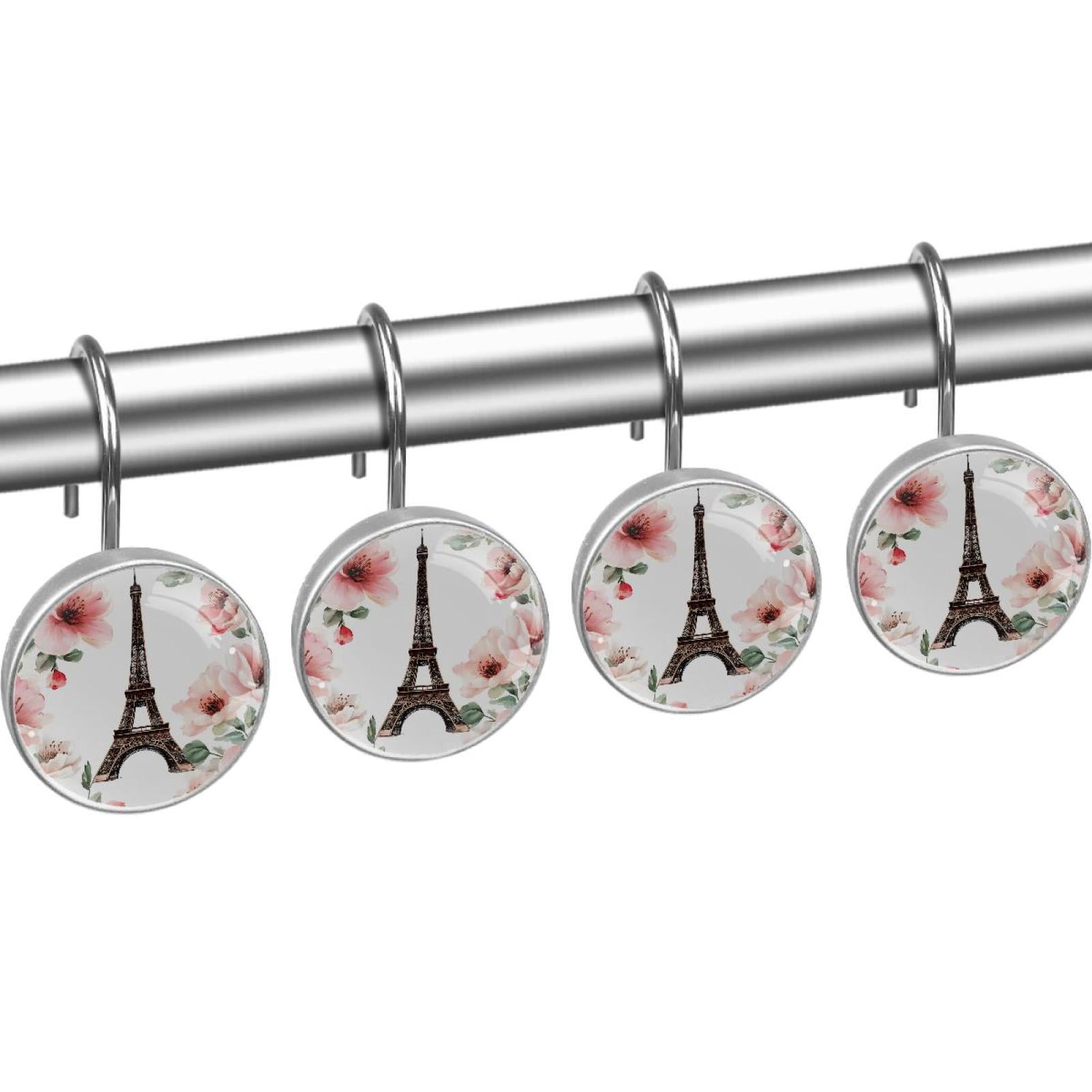 Blossom Pink Flowers Eiffel Tower Shower Curtain Hooks Round Crystal Glass, Set of 12 Shower Curtain Rings - Shower Hooks for Curtain Shower Rings