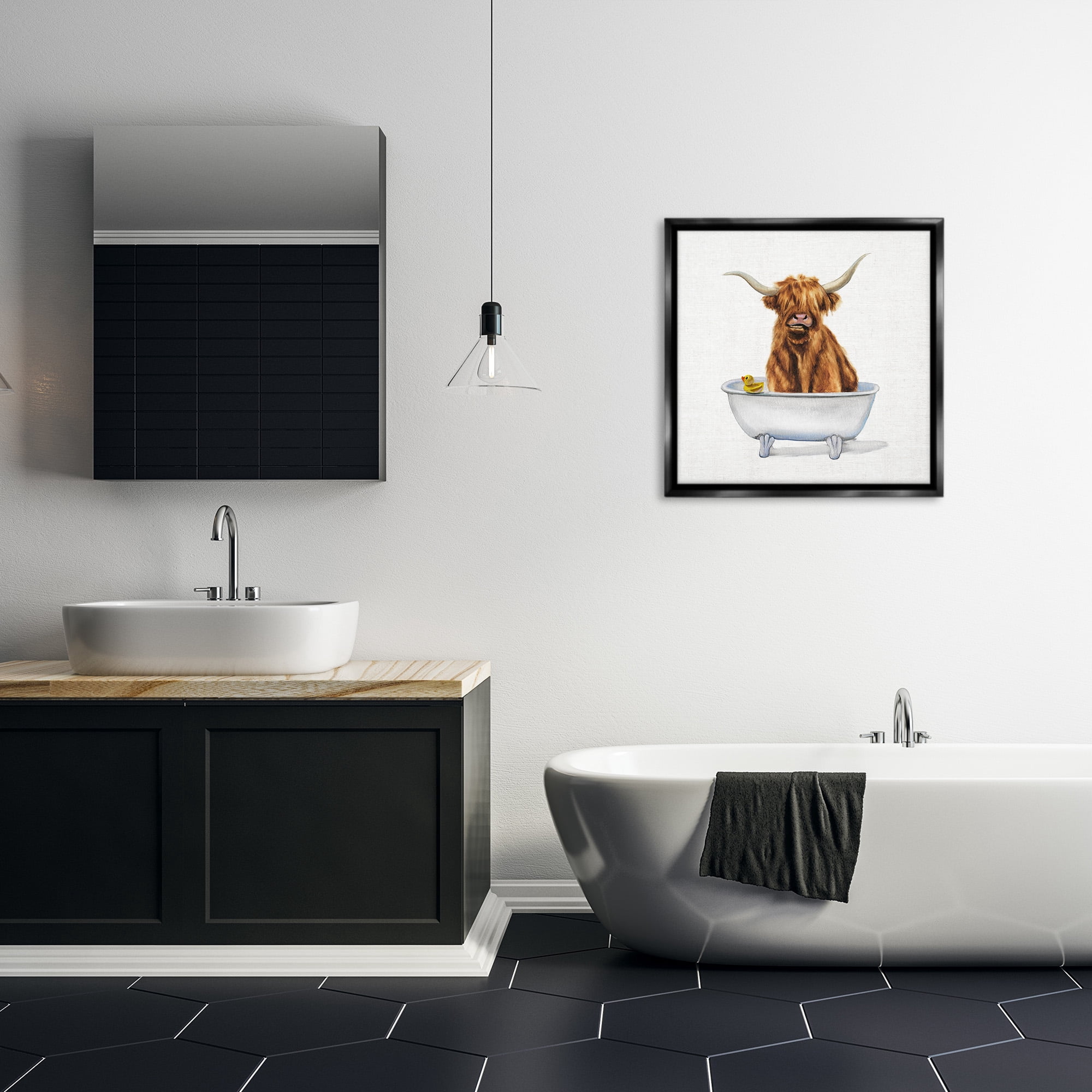 Stupell Industries Shaggy Country Cattle in Tub Animals & Insects Painting Black Floater Framed Canvas Art Print Wall Art, 25 x 25