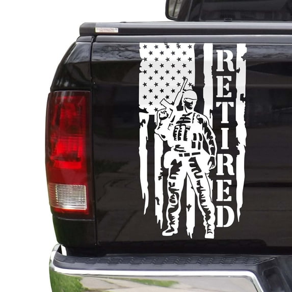 Soldier Retired Enlisted Man Veteran Fighter U.S. Army USAF USMC Distressed American USA US Flag Truck Tailgate Vinyl Decal Fits Most Pickup Trucks - Military Sticker (11" x 20", White)