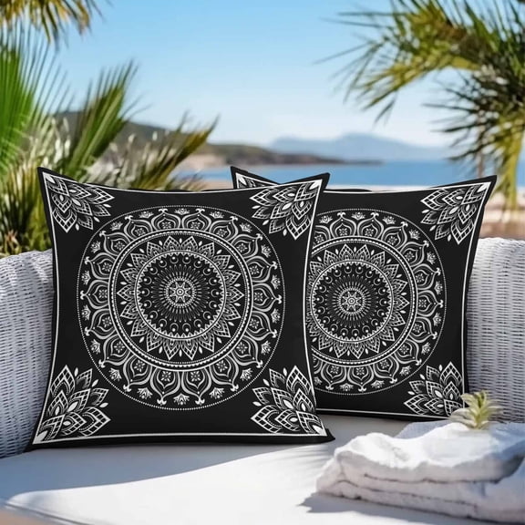 Waterproof Throw Pillow Covers 16x16 Set of 2, Boho Flower Black White Stripe Outdoor Pillowcases, Abstract Floral Gorgeous Style Decorative Cushion Covers for Patio Garden Sofa Couch