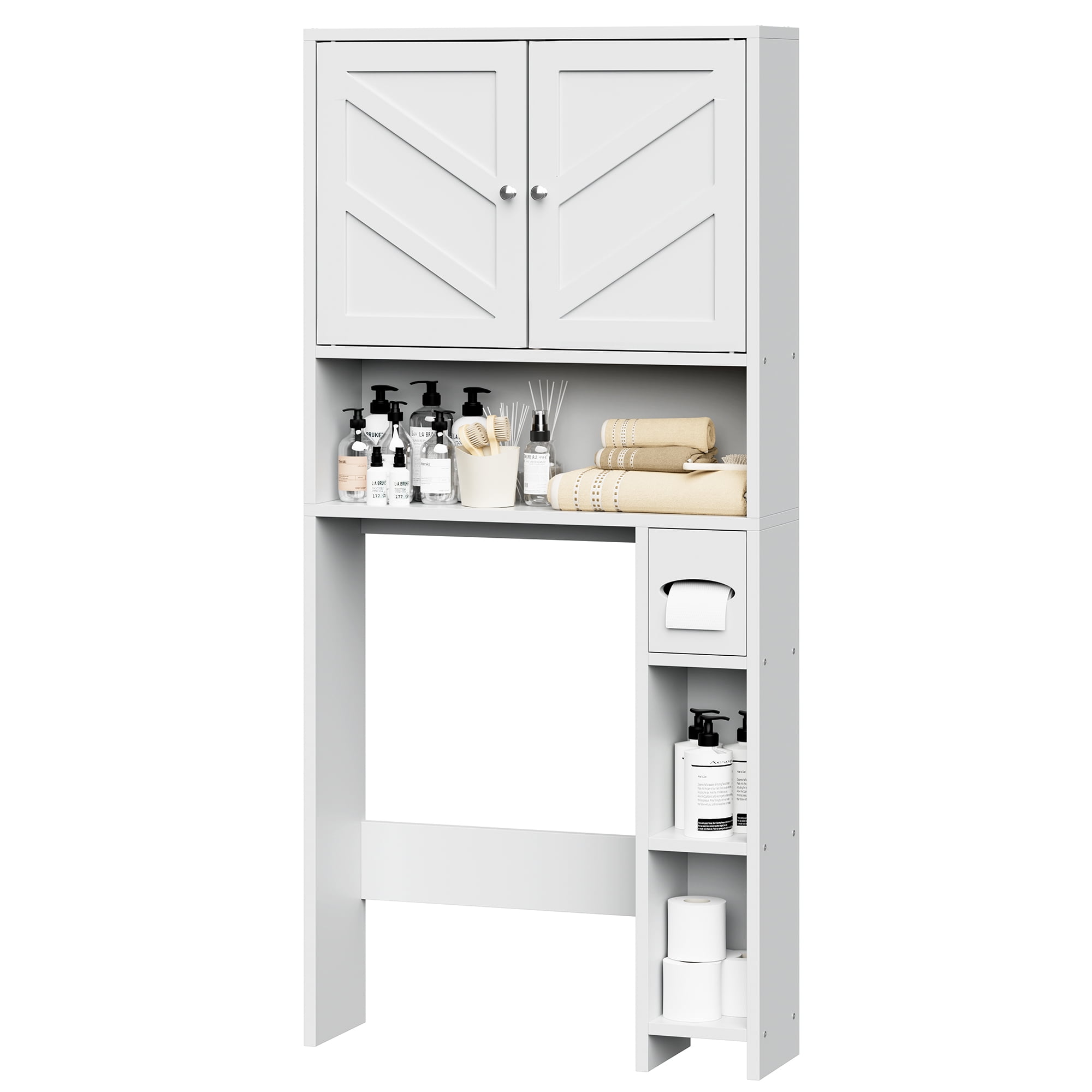 Walsunny Over the Toilet Storage Cabinet with Doors Side Storage Toilet Paper Holder Stand Space Saver Shelf Organizer Rack Freestanding for Restroom Bathroom Laundry White