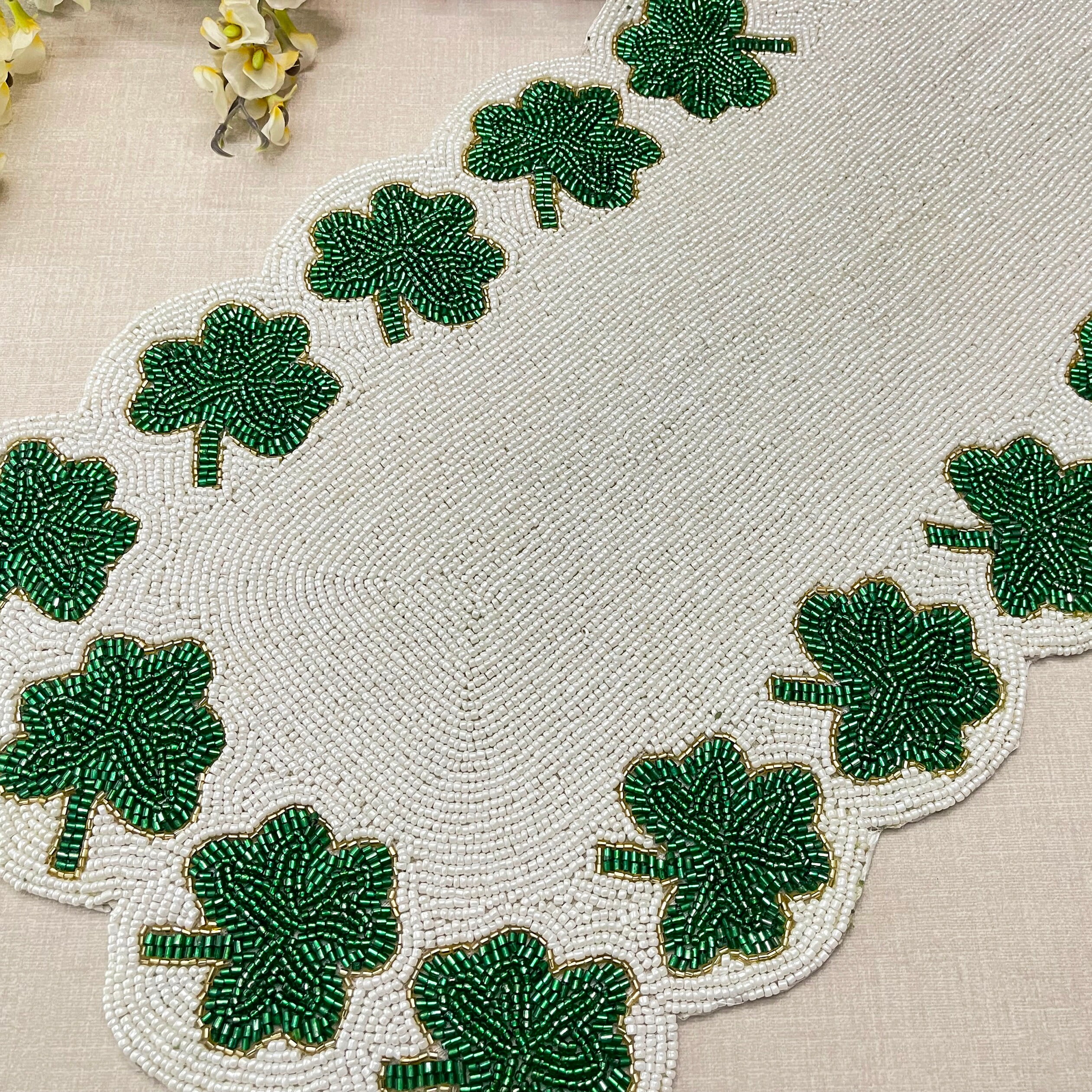 Handmade table runner, Clover Leaf / Shamrock hand beaded runner, Green 13x36inch