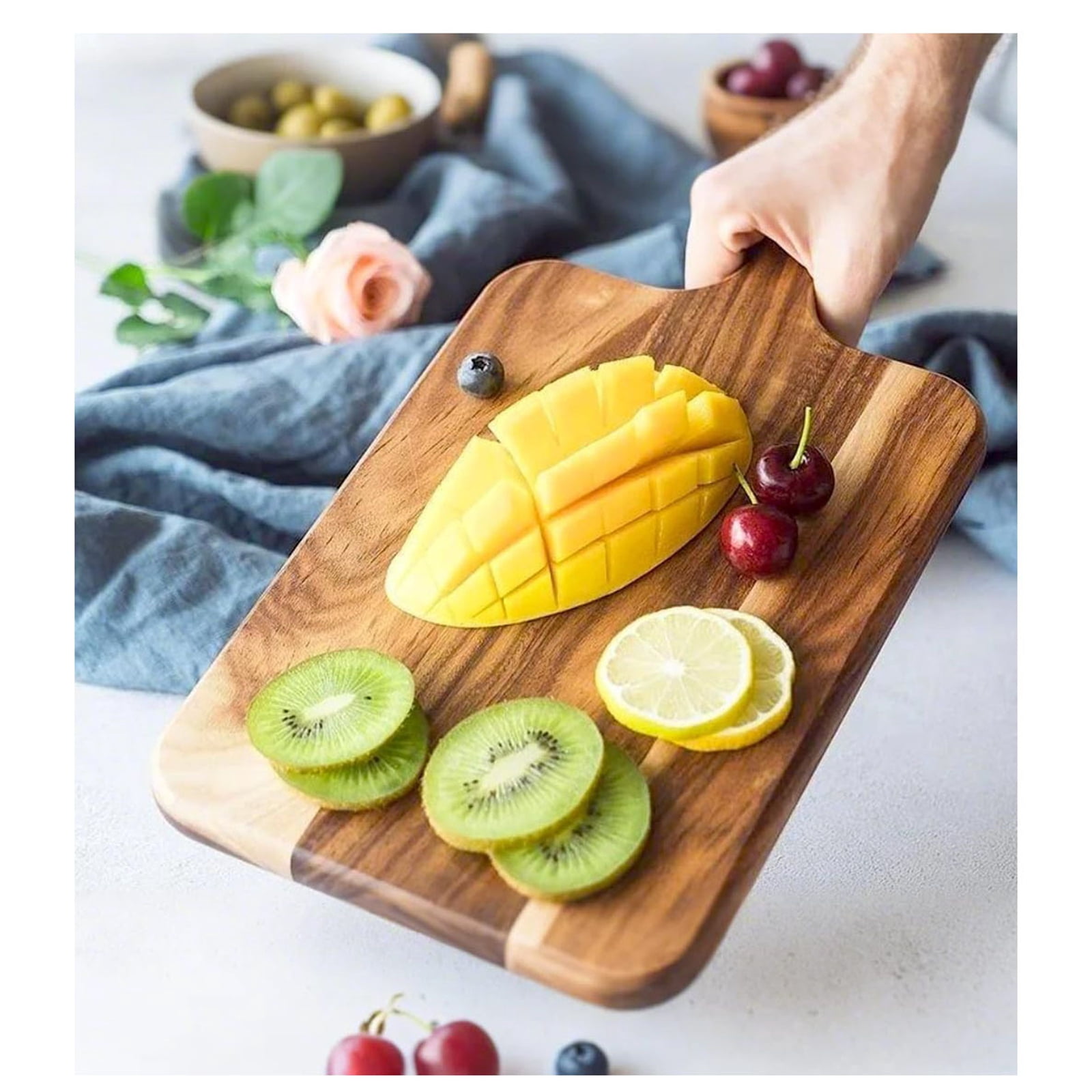 Bxaolu 1Pc Wood Cutting Board with Handle 11.4 x 7.8 Inch Acacia Wooden Serving Kitchen Chopping Boards for Pizza, Bread, Cheese, Charcuterie, Fruit, Vegetables(Brown)