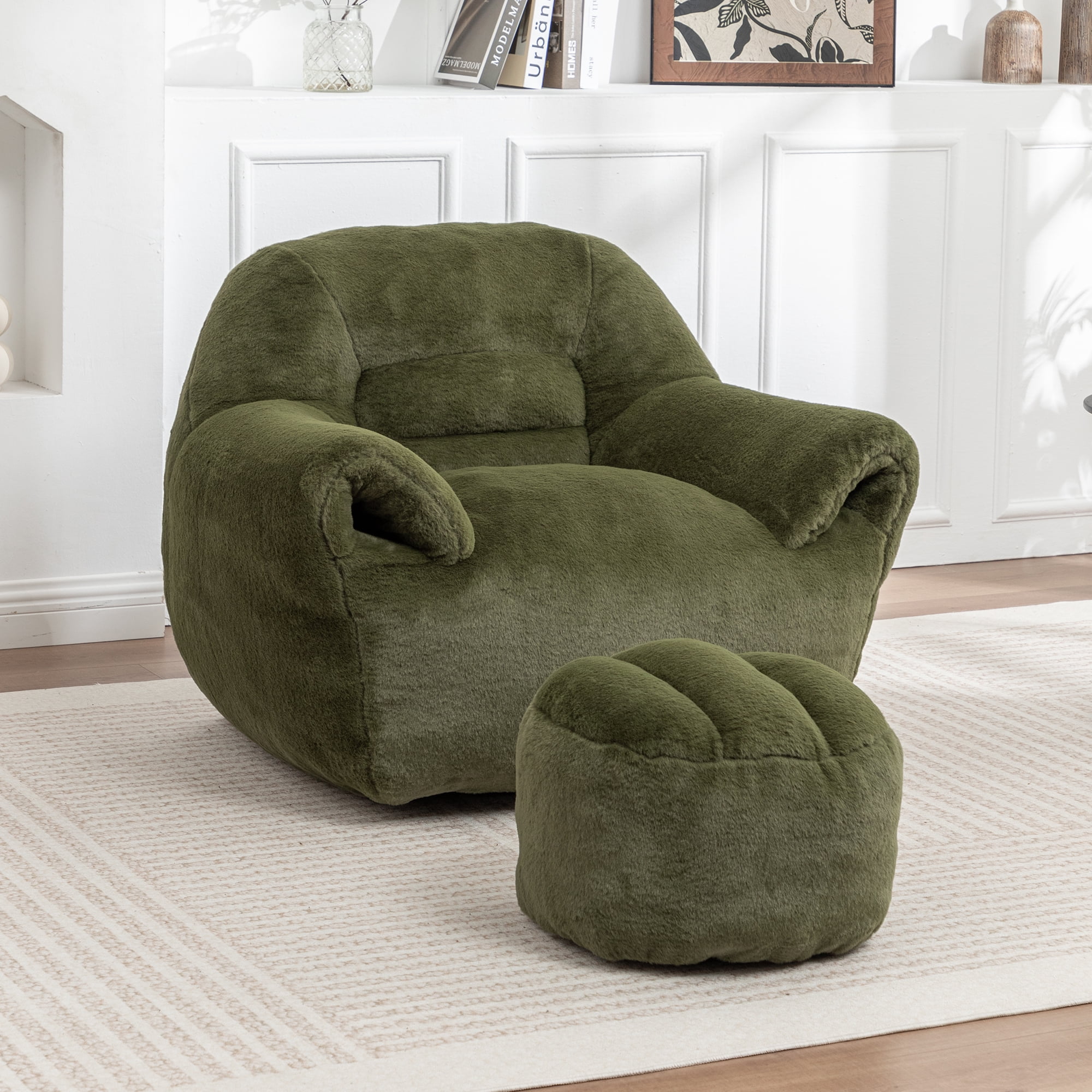 Leumius Bean Bag Sofa with Footstool,Faux Fur Bean Bag Chair Floor Sofa with Back Support for Living Room, Bedroom, Apartment,Green