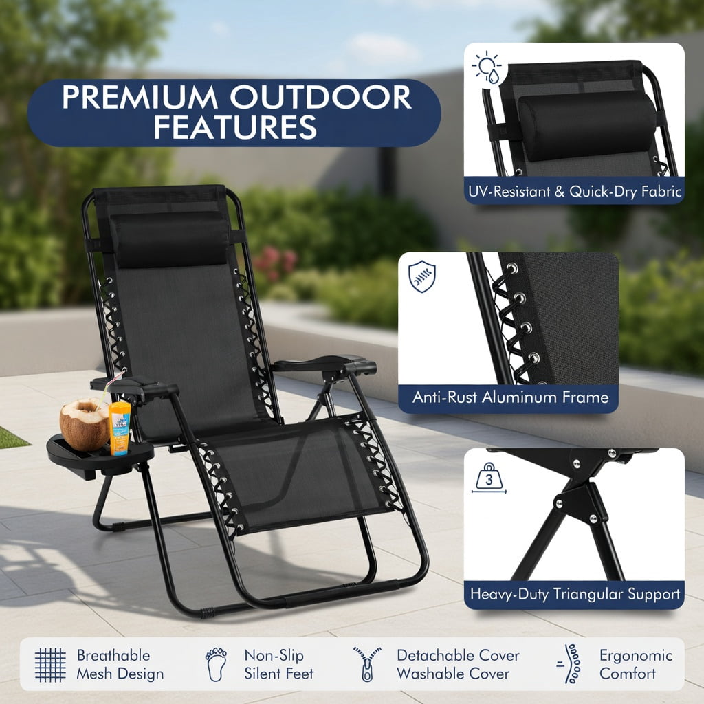 Hommoo Zero Gravity Folding Lounge Chair for Outdoor & Indoor Use – Adjustable Recliner with Removable Tray, Cup Holder & Headrest, Black