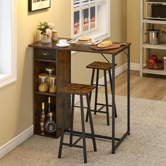 3-Piece Counter Height Bar Table Set for 2, Small Rustic Dining Table with Storage Drawer and 2 Stools, Bar Kitchen Furniture for Apartment Retro