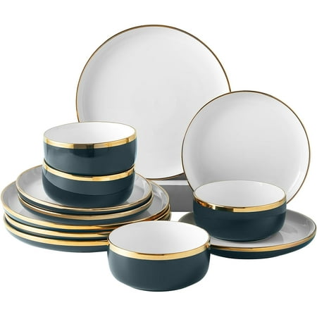Porcelain Dinnerware Sets, 12 Piece Luxury China Plates and Bowls Sets, Green Dishes Set Gold Rim for Wedding Anniversary Birthday, Modern Dinner Plates Set, No Microwave Safe